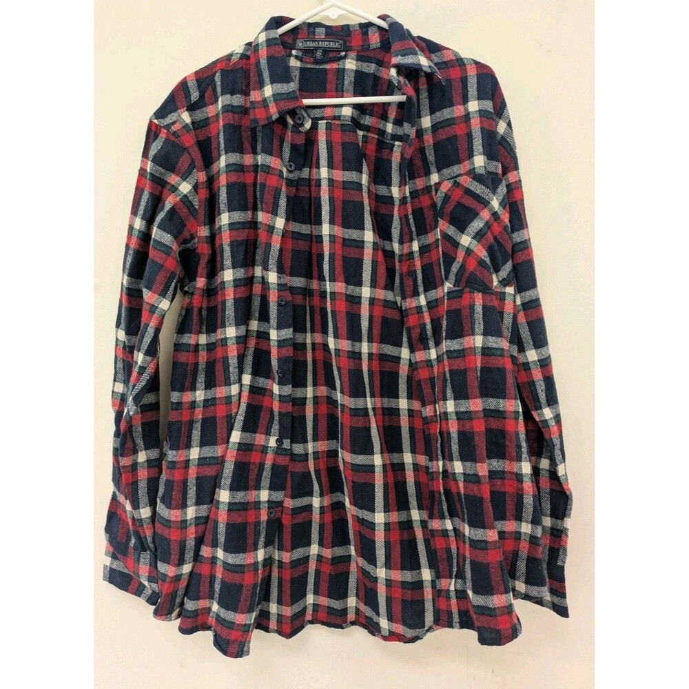 NWOT Urban Republic XL Flannel Shirt Red Blue Plaid Slim Button Up Long Sleeves